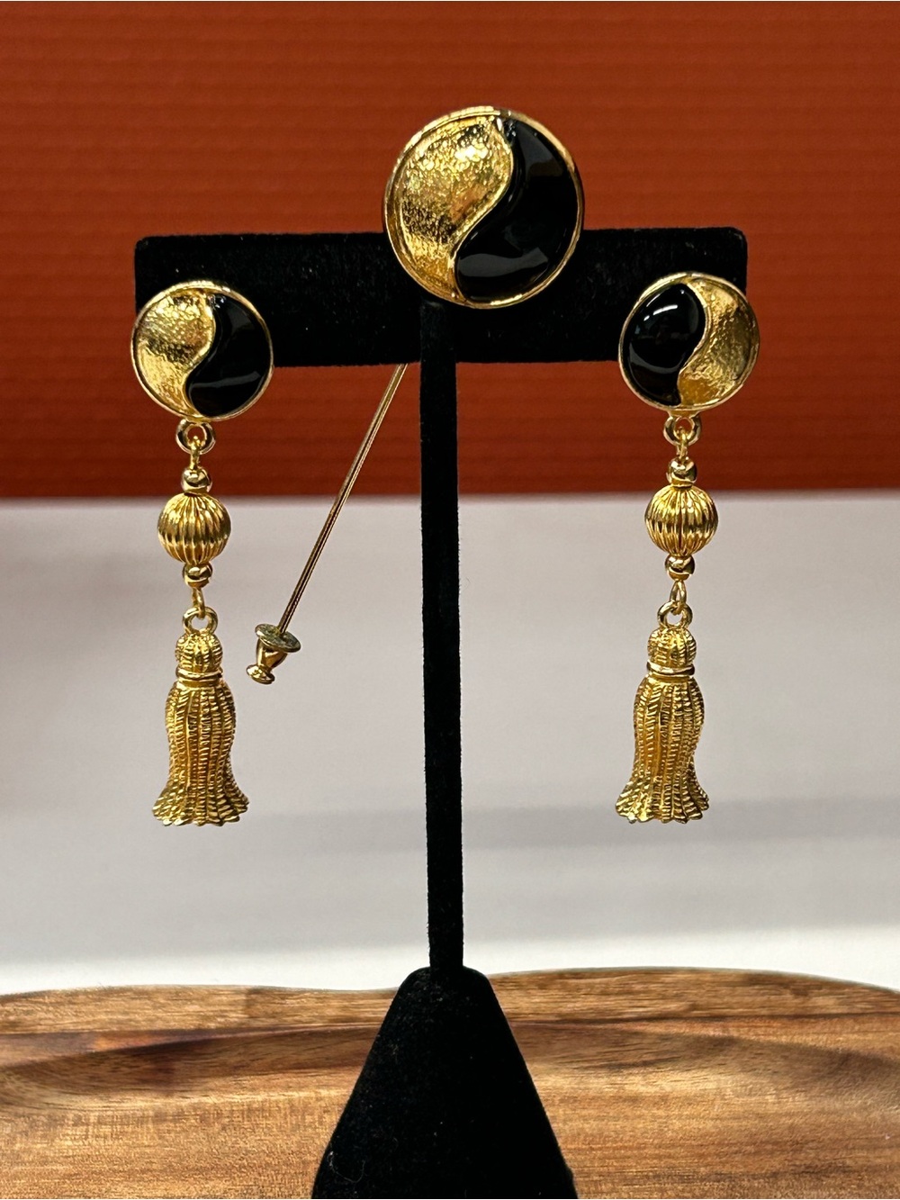 Monet Gold and Black Yin Yang Tassel Earrings and Brooch Set
